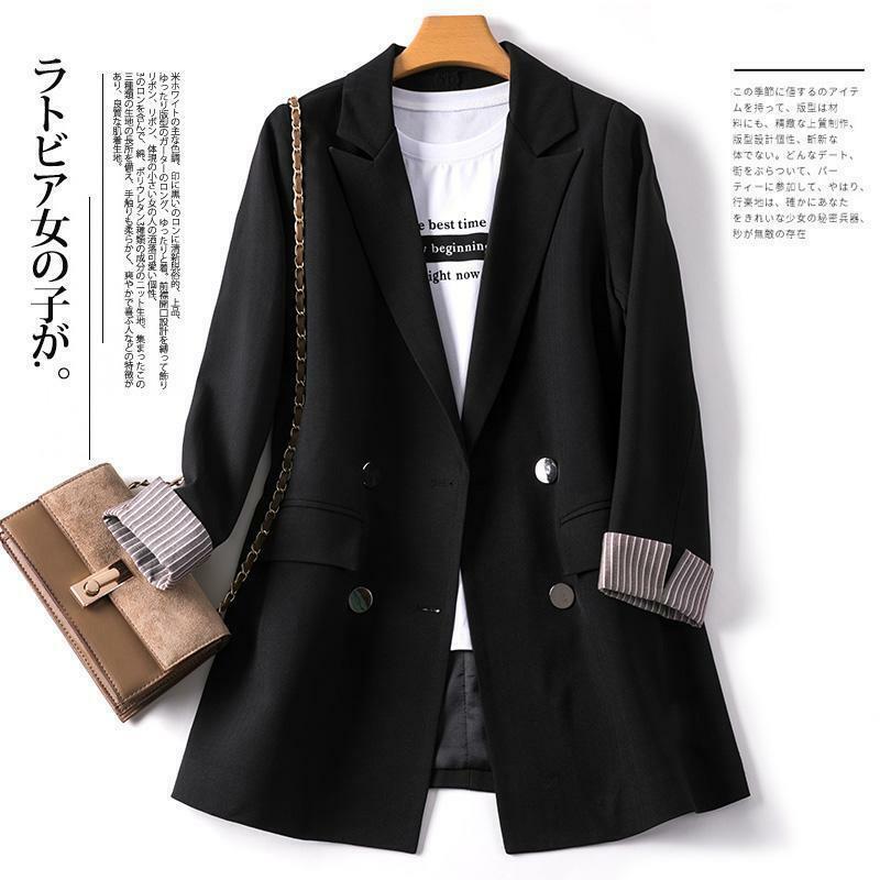 Женский двубортный Длинный блейзер, офисный пиджак черного цвета свободного покроя для отдыха, уличная одежда, 2019