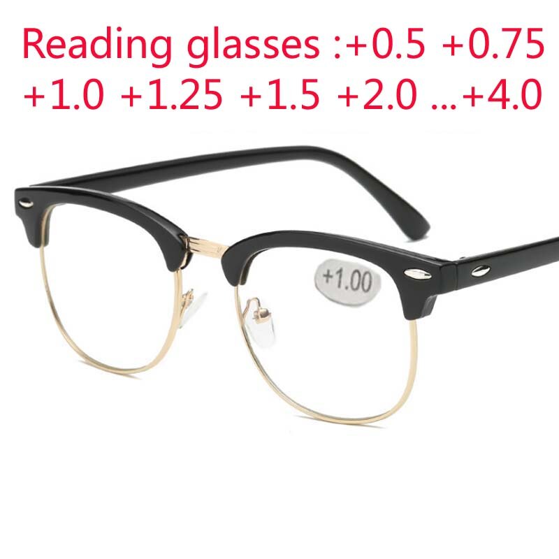 Kacamata Baca Bingkai Setengah Logam Kacamata Presbyopic Pria Wanita Pandangan Jauh dengan Kekuatan + 0.5 + 0.75 + 1.0 + 1.25 Hingga + 4.0