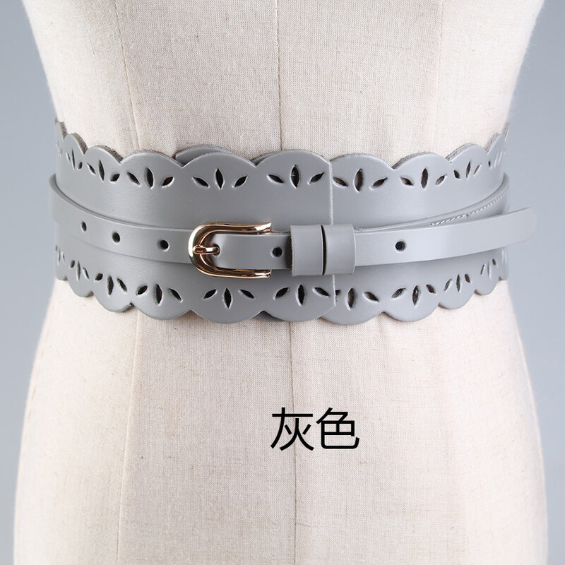 Ladies waist seal Real cowhide High Quality Women Belt With Width Hollow Fashion Decoration Black Red And Gray 67--82CM wide 7CM