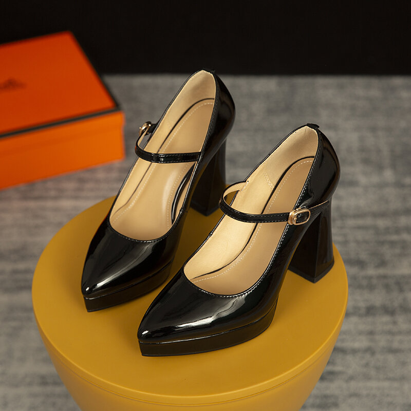 Kuh Patent Leder Schuhe Frau Dicke Sohle Plattform Schuhe High Heels Pumps Mary Janes Schnalle Karree Sommer Schuhe Handmade