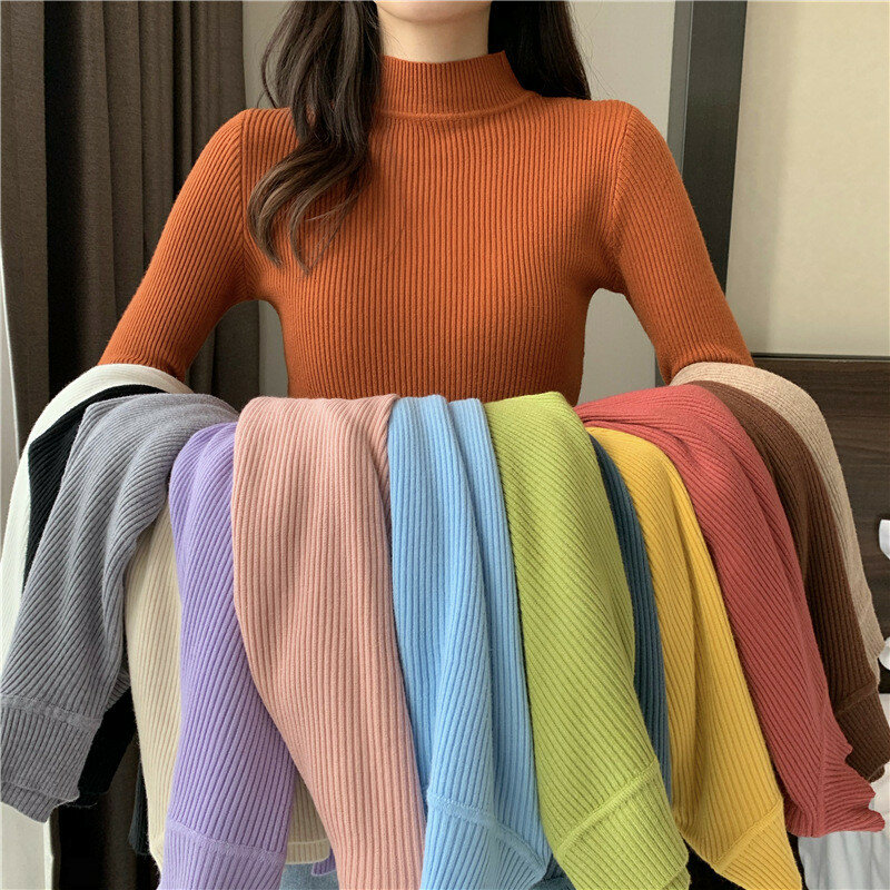 Primavera e autunno dolcevita Pullover maglione Basic donna manica lunga coreano Slim maglione Casual Pullover maglieria da donna Top