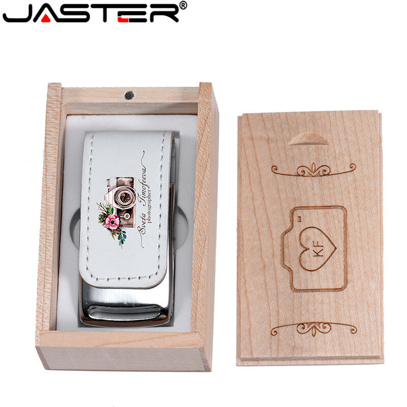 Jaster pendrive de couro, logotipo personalizado da empresa, 128 gb, memória flash drive usb 64gb, caixa de madeira, mais de 10 peças, logotipo grátis
