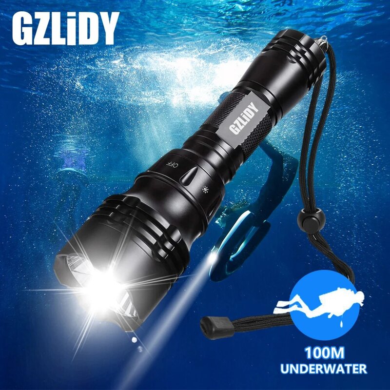 Potente linterna LED de buceo superbrillante T6/L2, luces subacuáticas profesionales, resistente al agua IPX8, 18650
