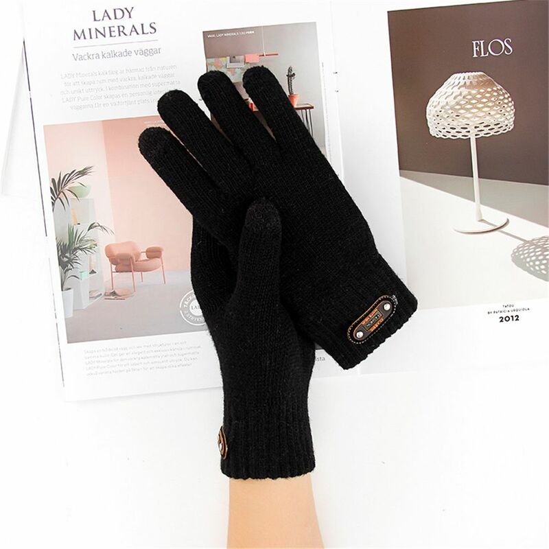 Sarung tangan berkendara musim dingin, sarung tangan jari penuh elastis, tebal, sarung tangan rajut layar sentuh