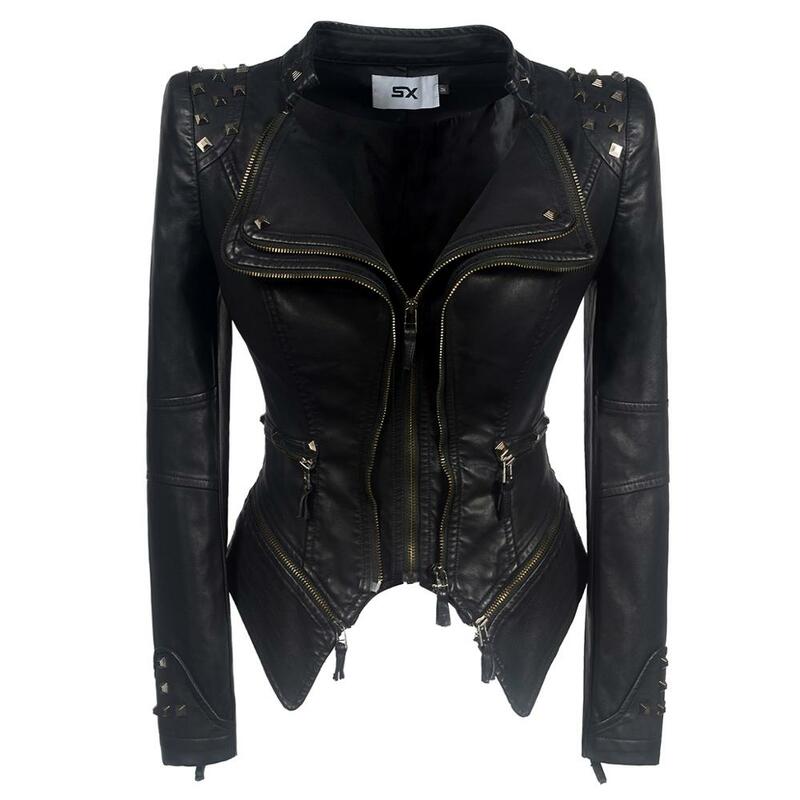 Veste gothique en Faux cuir PU pour femmes, avec fermeture éclair, rivet, vêtement d'extérieur slim décontracté pour moto, automne hiver 2020