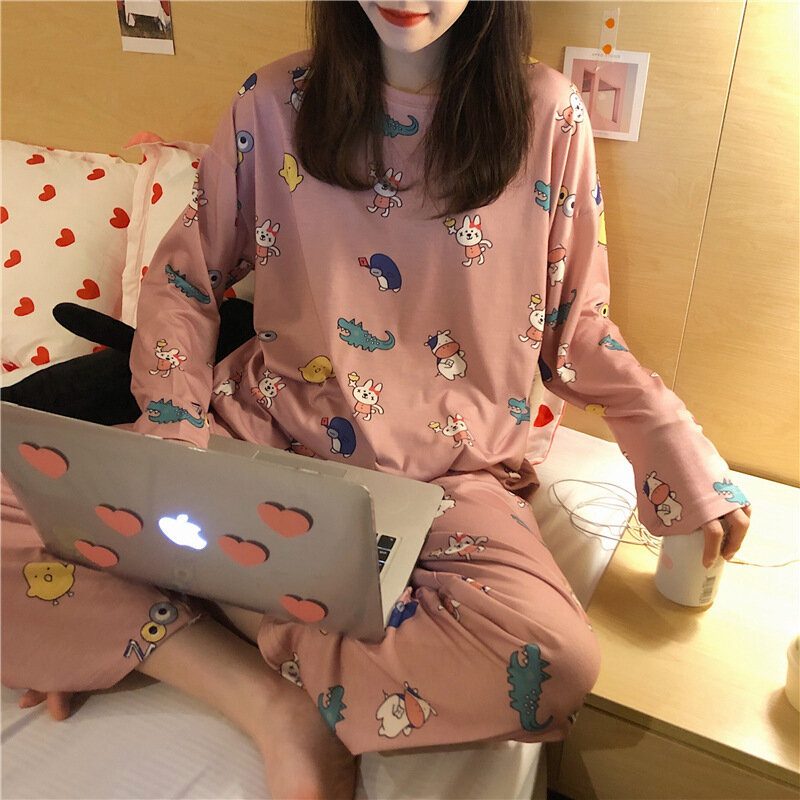 Новинка 2020, осенне-зимний пижамный комплект из 2 предметов для женщин и девочек, пижамные комплекты с круглым вырезом, одежда для сна с рисун...