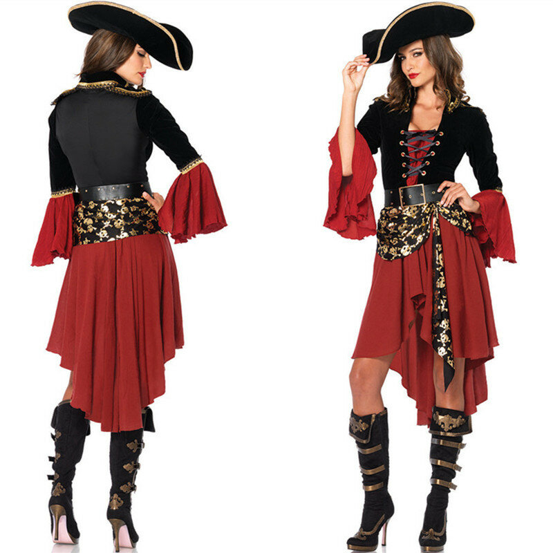 Ataullah Kostum Kapten Bajak Laut Karibia Wanita Pakaian Cosplay Bermain Peran Halloween Gaun Wanita Mewah Gotik Medoeval DW004