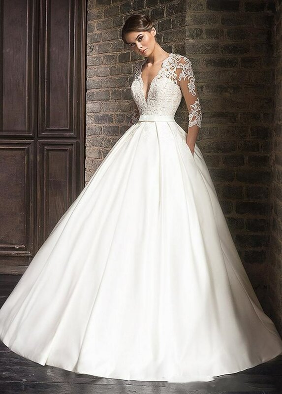 Wymarzone eleganckie koronkowe suknie ślubne Vestido De Novia 2023 pół rękawy z dekoltem w szpic suknia dla panny młodej Sweep kieszenie na pociąg niestandardowa biała kość słoniowa