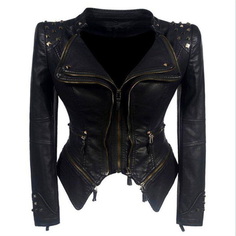 Женская мотоциклетная куртка из искусственной кожи, черная куртка из искусственной кожи, верхняя одежда в готическом стиле, Осень-зима 2023