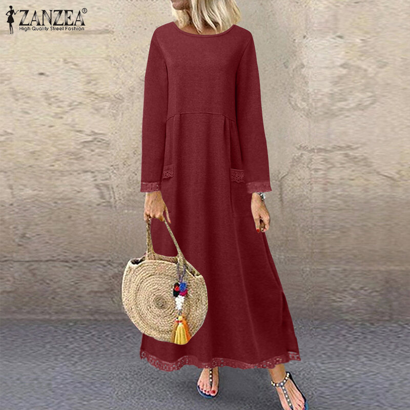 Moda feminina outono vestido de verão zanzea 2023 rendas retalhos camisolas vestido feminino hoodies maxi vestidos pulôver