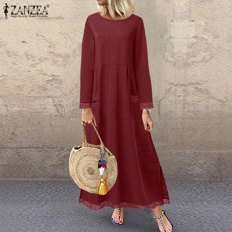 Baju Musim Gugur Wanita Mode ZANZEA 2023 Baju Kaus Patchwork Renda Hoodie Wanita Maxi Vestidos Pullover