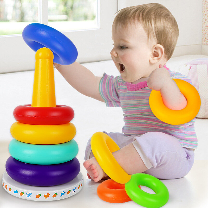 Babys pielzeug 7 Stück Kinder spielen Ringe kognitive mehrfarbige und solide Lern-und Bildungs spielzeug Regenbogen Ferrule Musik ring