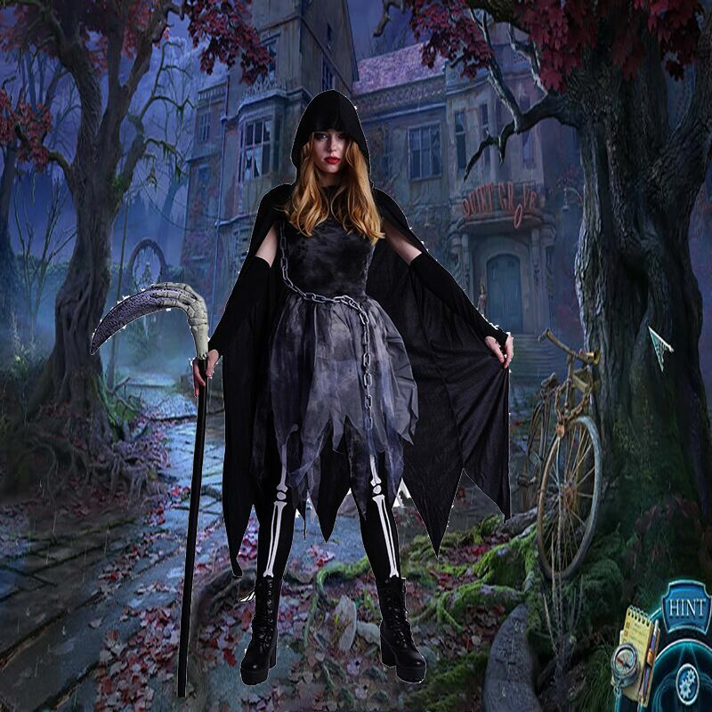 Kostum Kerangka Wanita Bermain Peran Grim Reaper Kostum Pesta Halloween Dewasa Cosplay Baju Tulang Tengkorak Menakutkan