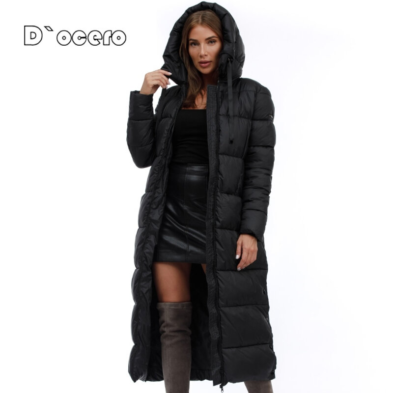 D`OCERO 2022 Winter Women Thickening Hooded Parkas Long Knee Padded Quilted Coat Oversize Down Jacket Windproof Female Outerwear