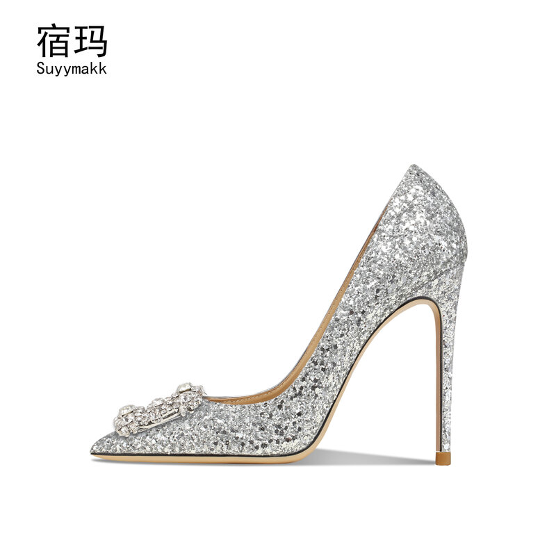Scarpe da donna in vera pelle di cristallo con strass Sexy fibbia tacchi alti scarpe Glitter Fashion Pumps Party scarpe da sposa a punta