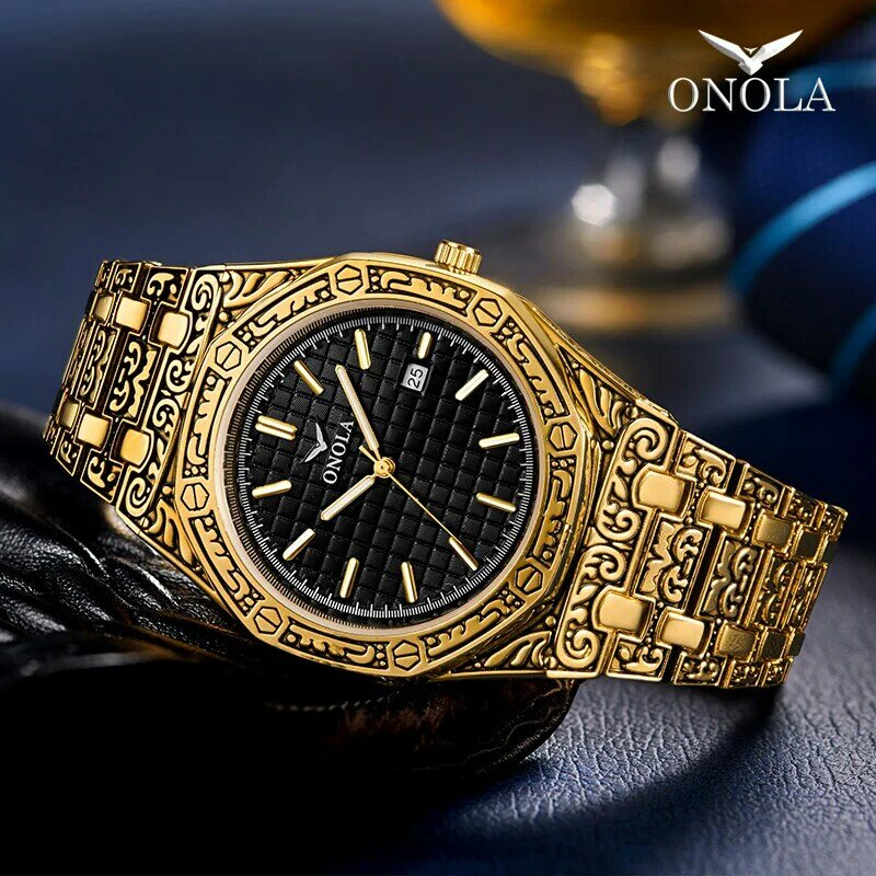 Montre-bracelet sculptée vintage pour homme, étanche, bracelet en acier original, mode, créateur classique, marque de luxe, montre dorée pour homme
