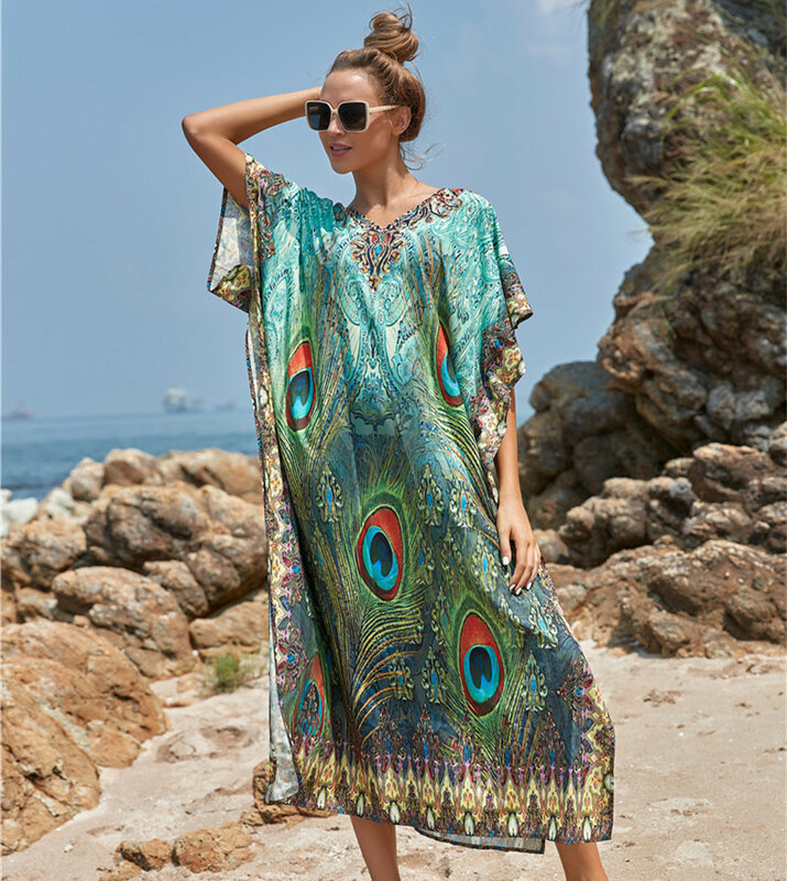 Capa de biquíni de secagem rápida impressão de penas de pavão com decote em v praia de verão túnica mulher beachwear kaftan robe de plage