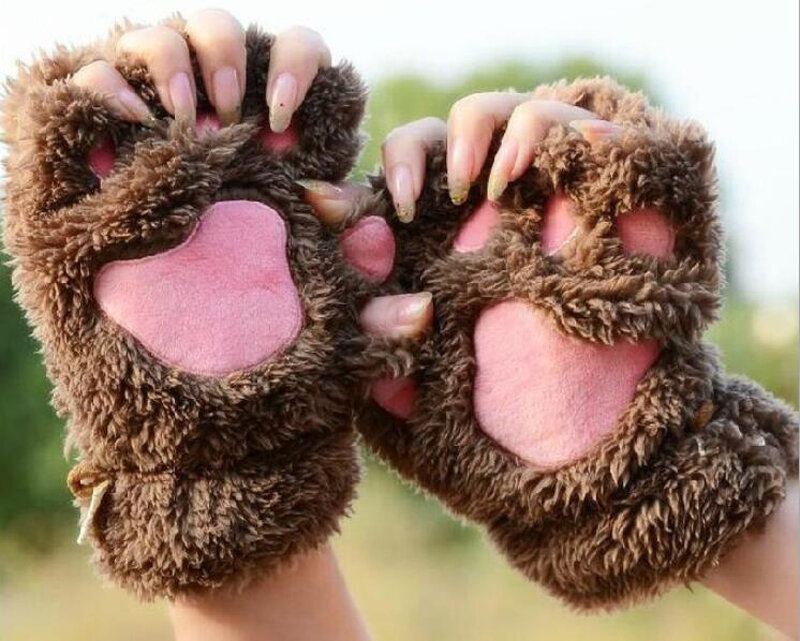 ใหม่ผู้หญิงน่ารัก Cat Claw Paw Plush Mittens Warm Soft Plush สั้น Fingerless Fluffy หมีแมวถุงมือเครื่องแต่งกายครึ่งนิ้วของขวัญปาร์ตี้