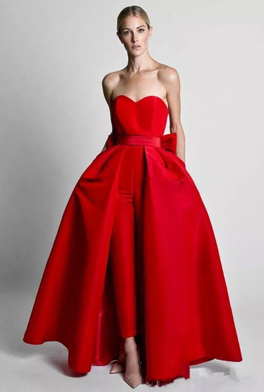 Red Jumpsuit Evening Dresses With Detachable Skirt 2024 Sweetheart Formal Pants Suit Prom Party Gown With Bow Sleeveless