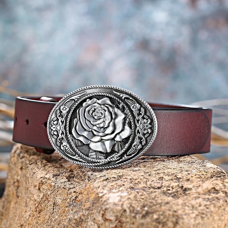 West Cowboy and Cowgirl Rose lady fashion belt Leather one-piece button for men's belts Novelty