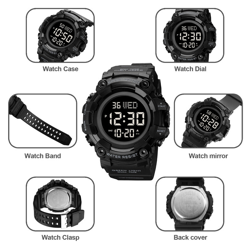 Montre électronique de luxe à double heure, chronomètre de compte à rebours pour l'extérieur, montres numériques pour hommes, montre-bracelet de marque SKMEI, horloge originale