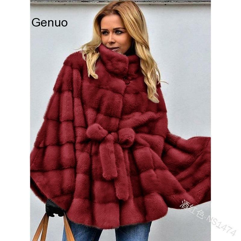 Abrigo de piel de zorro Artificial para mujer, abrigo elegante con cinturón, a la moda, medio largo, cálido, para invierno