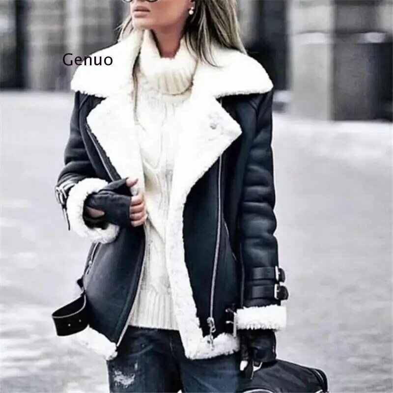 Women's Winter Thicken Warm Jacket Coats Lapel Pu Leather Jackets Long Sleeve Diagonal Zipper Coat Lamb Fur Jacket Outwear