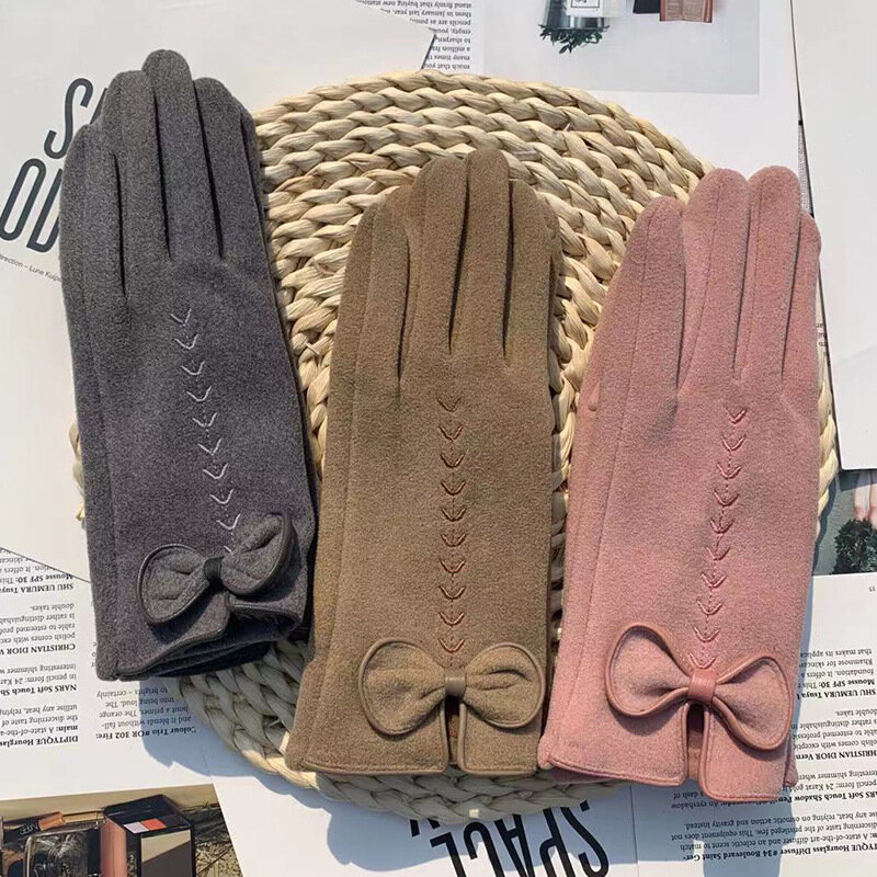 Autunno inverno nuove donne tenere al caldo Touch Screen in pile sottile addensare guanti elastici antivento guanti con fiocco ricamato