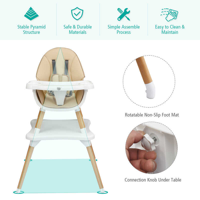 4-in-1 Baby High Chair Infant Wooden Convertible w/5-Point Seat Belt Khaki