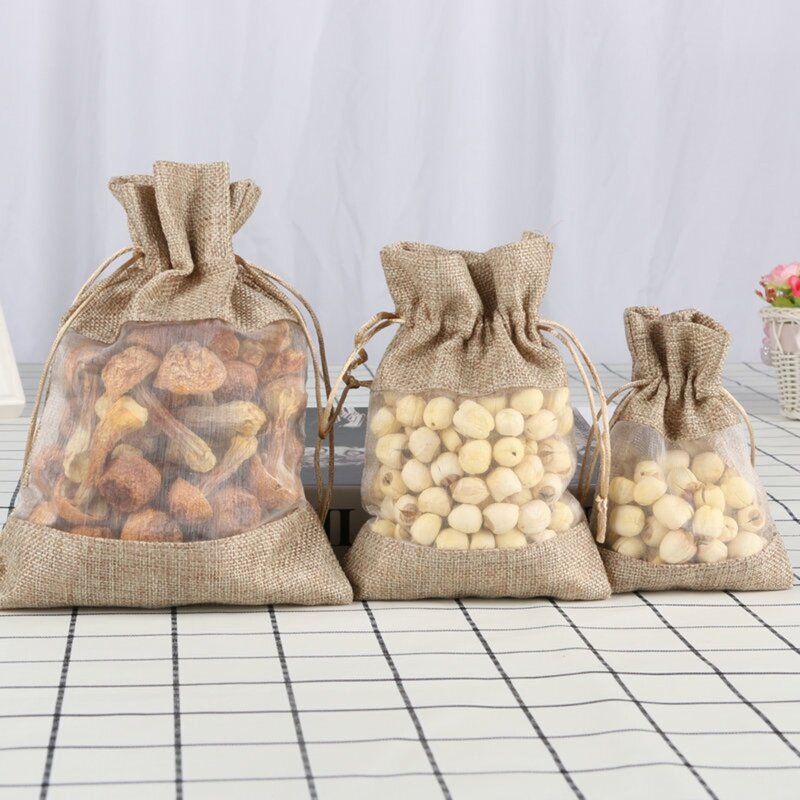 Linen Burlap Organza Bag with Drawstring for Wedding Party Favors Cosmetic Samples Goodies G5AE