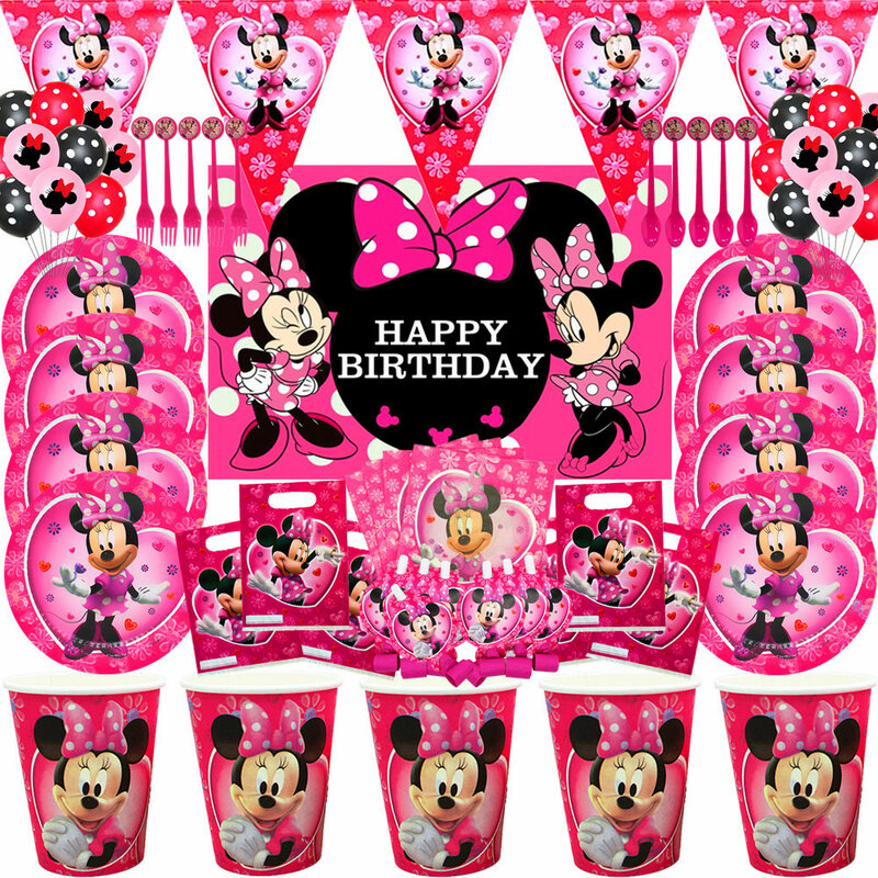 Disney Minnie Mouse ธีมทารกฝักบัว Disposable Tableware เด็กหญิงที่ชื่นชอบ Minnie Happy Birthday Party อุปกรณ์ตกแต่ง