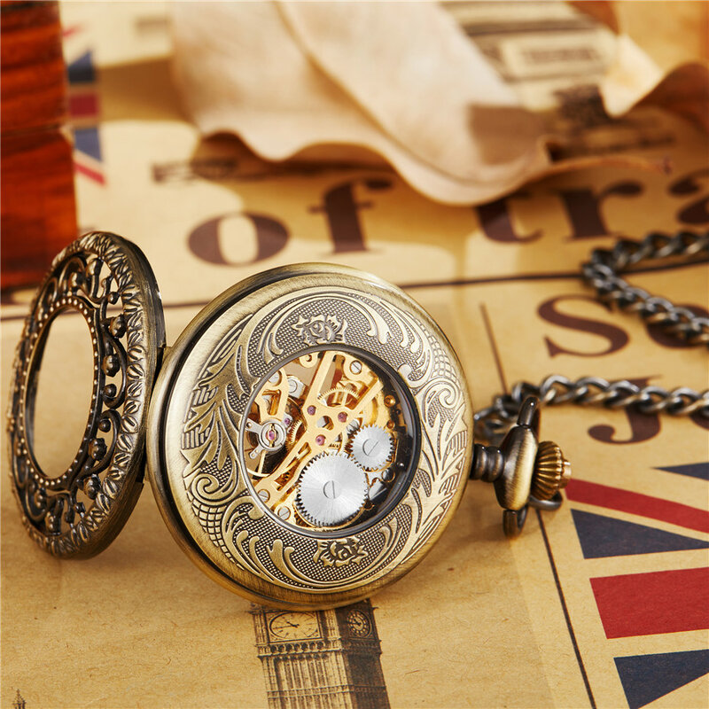 Reloj de bolsillo mecánico Steampunk antiguo para hombres y mujeres, collar de esqueleto hueco, tallado a mano, cadena colgante de reloj Fob