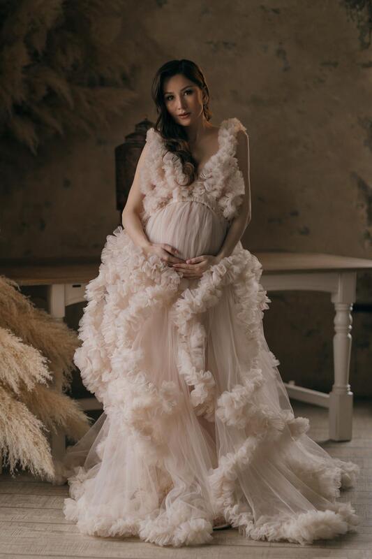 ยาวชุดราตรีชุด2022 V คอแชมเปญ Tulle คลอดบุตรชุดสำหรับถ่ายภาพ Robe หญิงตั้งครรภ์ Fomral Gowns