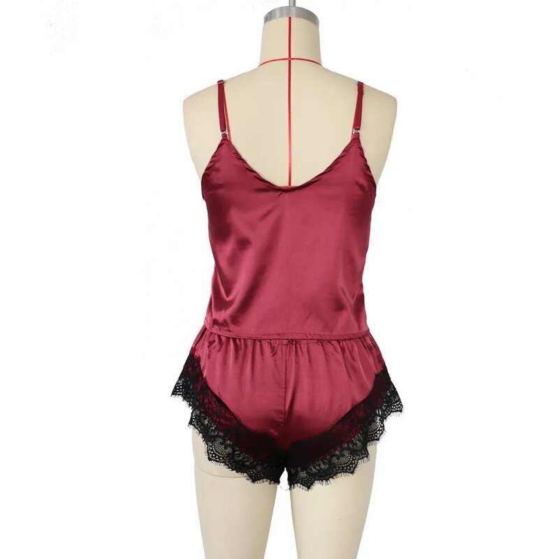 BKLD-nowa koronkowa szyta satynowa piżama dla kobiet, zestawy ubranek w kolorze czerwonego wina, krótkie topy i szorty, wygodne, seksowne kostiumy dwuczęściowe