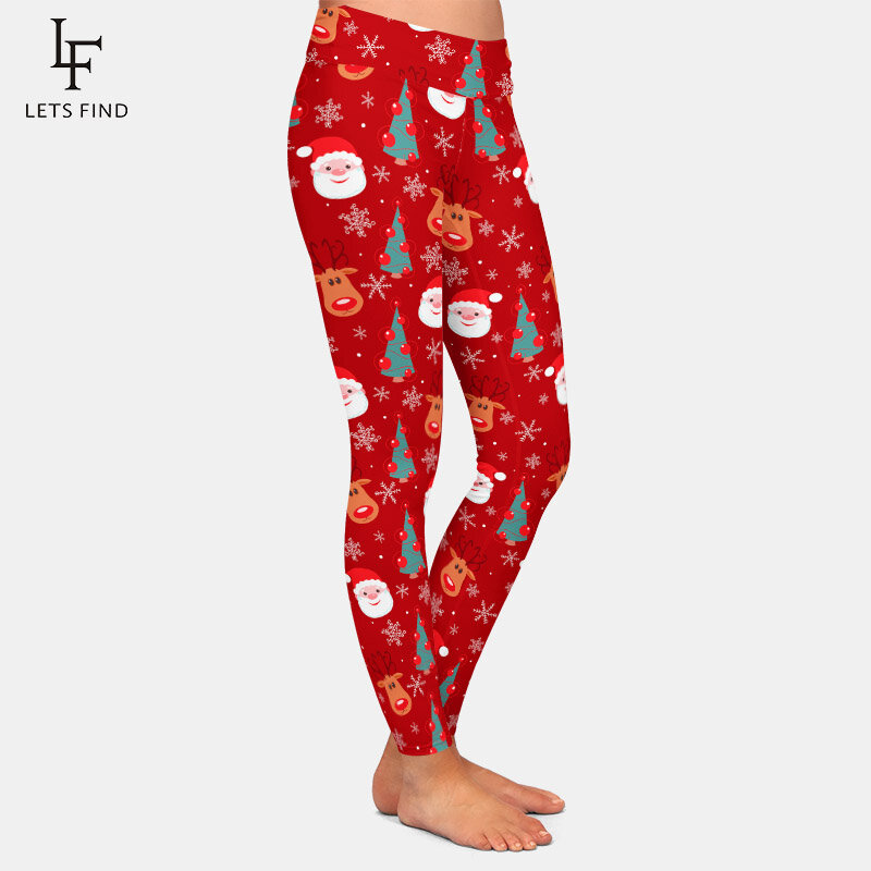 Letsfind moda feminina cintura alta legging 3d natal rena santa árvore e flocos de neve imprimir leggings quentes