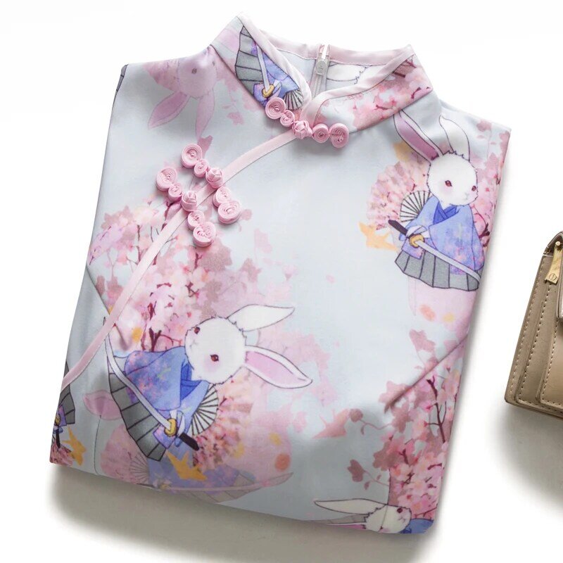 Vestido de verano de estilo chino, cheongsam para chica joven, bonito anime, conejo, flor de cerezo, Rosa