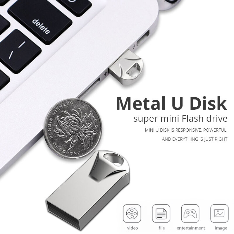 Mini Metal USB Flash Drive, Pen Drive, Cartão de memória Flash, USB Stick Pendrive, USB 2.0, 8GB, 16GB, 32GB, 64GB, 128GB, 256GB