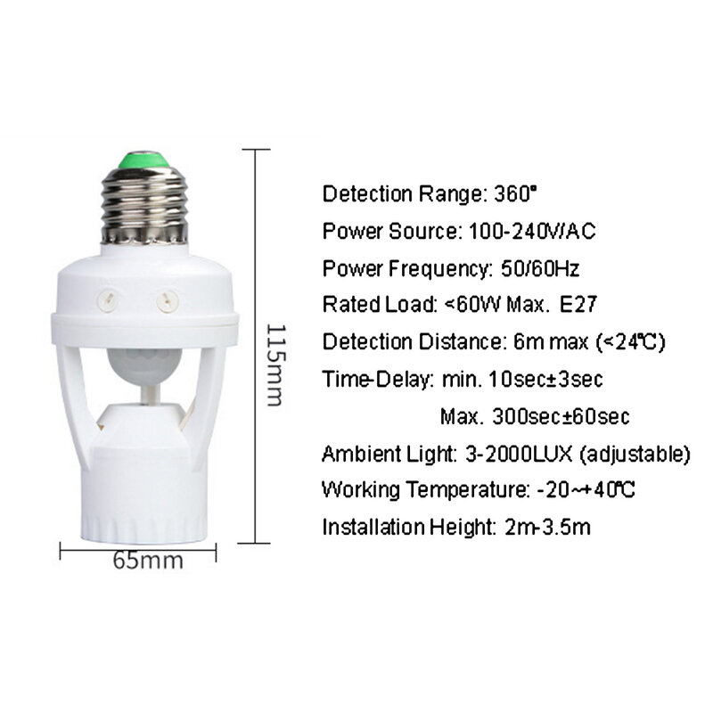 Pirモーションセンサー付きe27 led電球コンバーター,AC100-240V個,ベース,スマートスイッチ,ランプホルダー