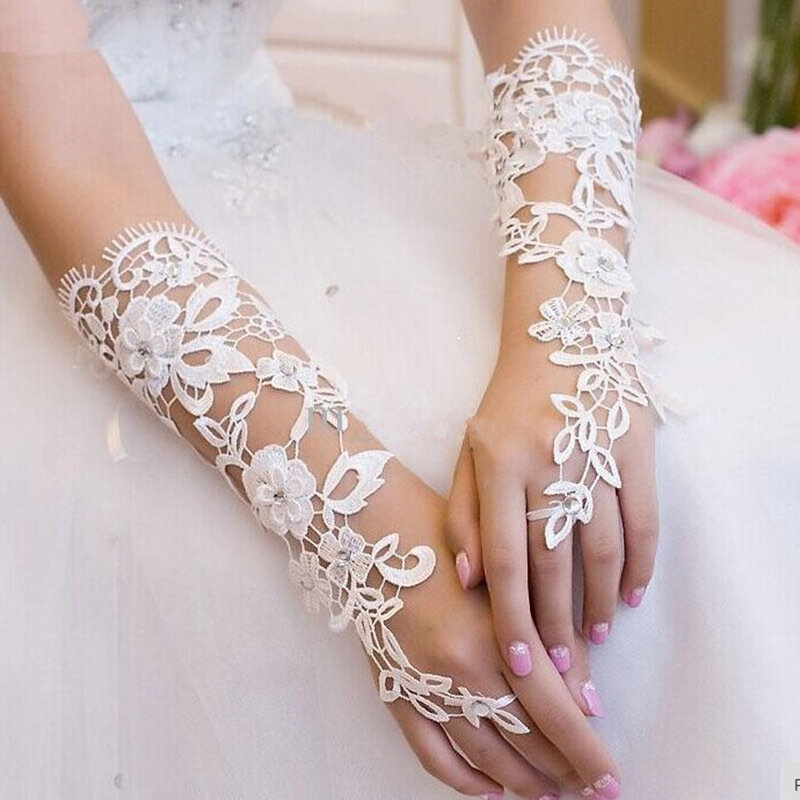 Guantes de novia con cuentas de encaje largo blanco sin dedos cristales flor guantes de boda para novia mujeres accesorios de boda JL
