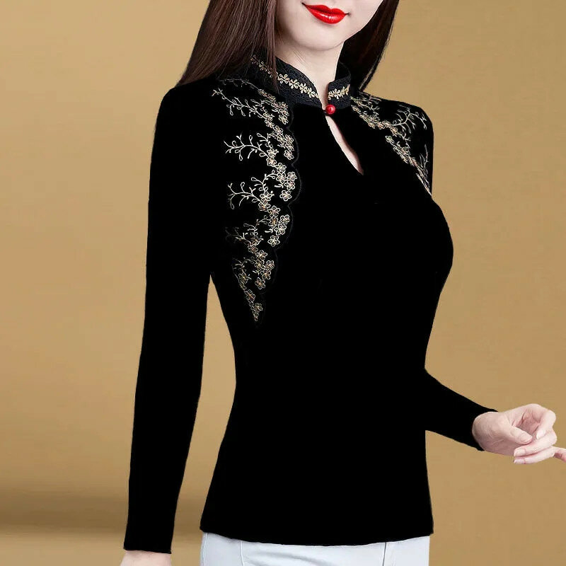 Petite chemise en velours pour femme, avec broderie épaisse, en fil de dentelle, mode automne hiver, 5XL