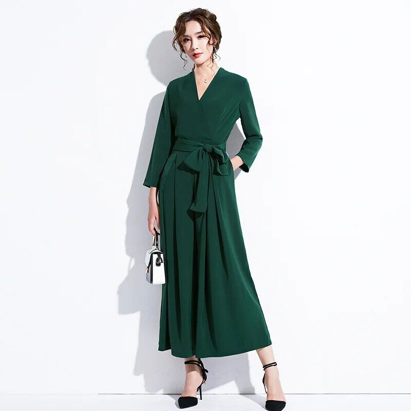 Jumpsuits สำหรับผู้หญิง 2019 ฤดูใบไม้ร่วงเกาหลี Office Lady Elegant ชีฟอง OL V คอแขนยาวขากว้าง Overalls สีดำ DD2366
