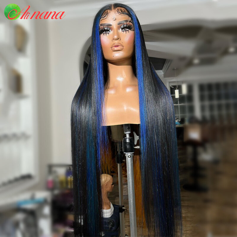 Highlight Biru Lurus/Rambut Gelombang Tubuh Pra-dipetik 13X4 Wig Renda Frontal Renda Transparan Remy 100% Wig Rambut Manusia untuk Wanita