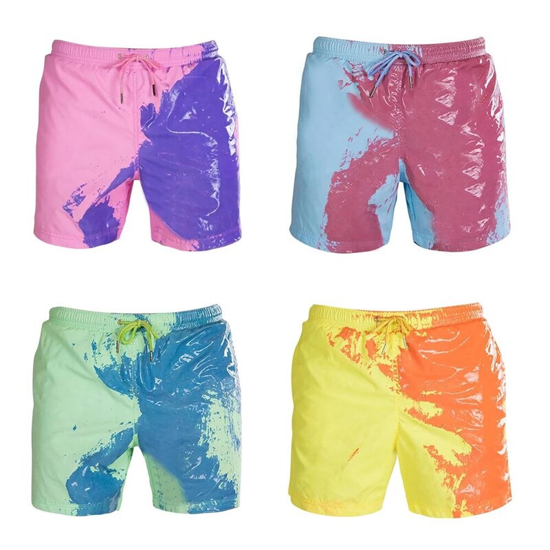 Mudança de cor praia shorts homens meninos shorts pai crianças combinando maiô verão calções banho secagem rápida troncos