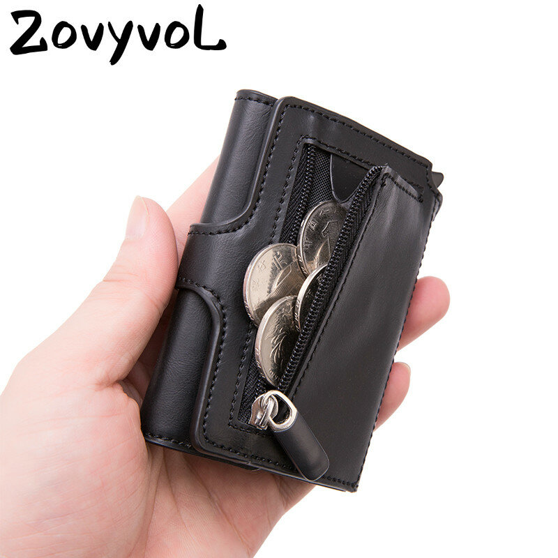 Мужской кожаный кошелек с RFID-кнопкой, держатель для кредитных карт, металлический алюминиевый автоматический выдвижной чехол с RFID-блокировкой для ID-карт, черный кошелек, кошелек для монет