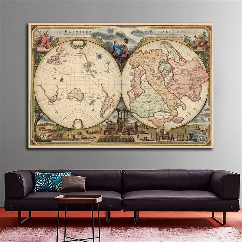 90X60Cm Peta Antik Retro Pertama Pangea dari Peta Anggur Kanvas Lukisan Poster dan Cetakan untuk Rumah Bar Dekorasi Hotel