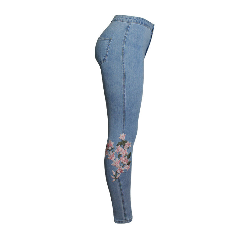 Calças de brim abertas femininas nova primavera moda bordado calças de brim fino cintura alta mostrar fino levantamento quadril calças de perna pequena