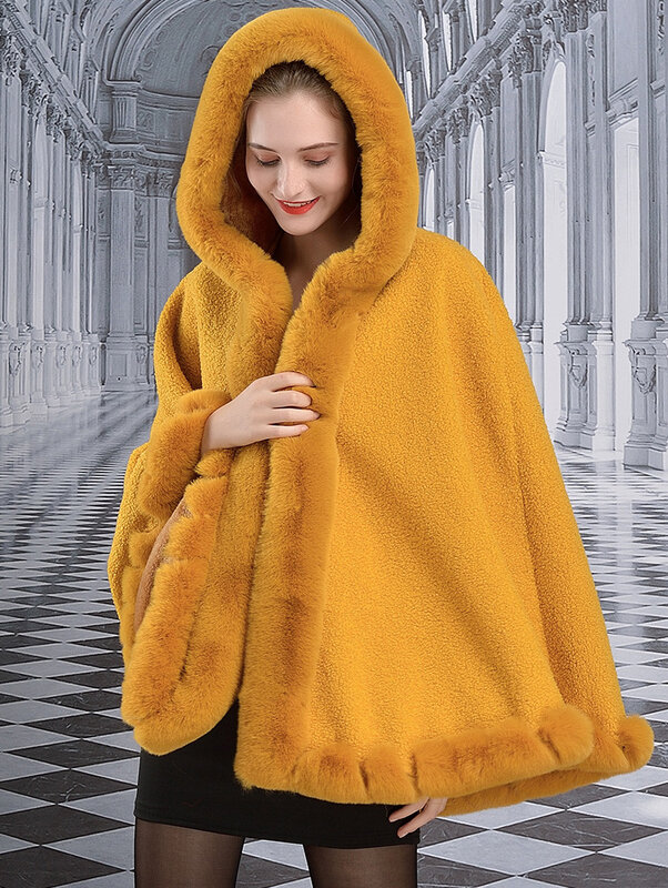 Poncho suelto con cuello de piel de conejo para mujer, capa con sombrero, péndulo grande, abrigo grueso de terciopelo granulado cálido para invierno