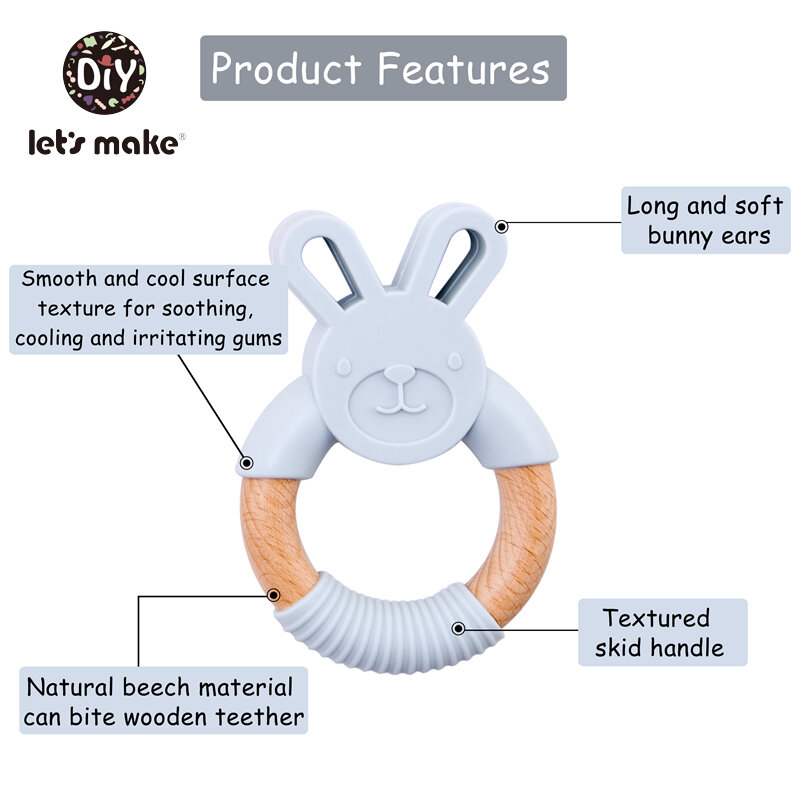 LET'S MAKE − Anneau de dentition en silicone, animal, lapin, en bois, sans PBA, accessoires de poussée dentaire, jouets de qualité alimentaire, pour bébé, 1 pièce