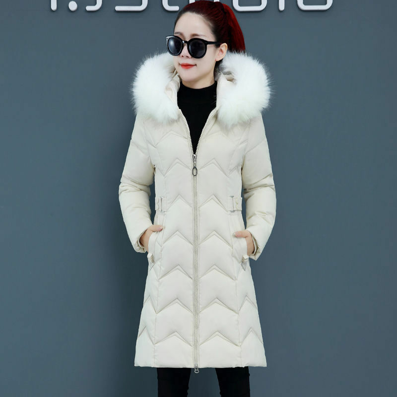 Chaqueta acolchada de algodón para mujer, abrigo de longitud media con cuello de piel grande, chaqueta acolchada delgada para invierno, novedad de 2024