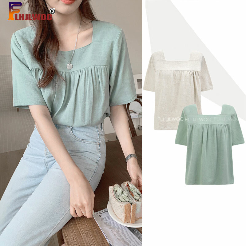 Cotton Linen Tops Summer Casual Cute Sweet Preppy Style Girls Square Collar Green Women Shirts Blouses Vintage Clothing